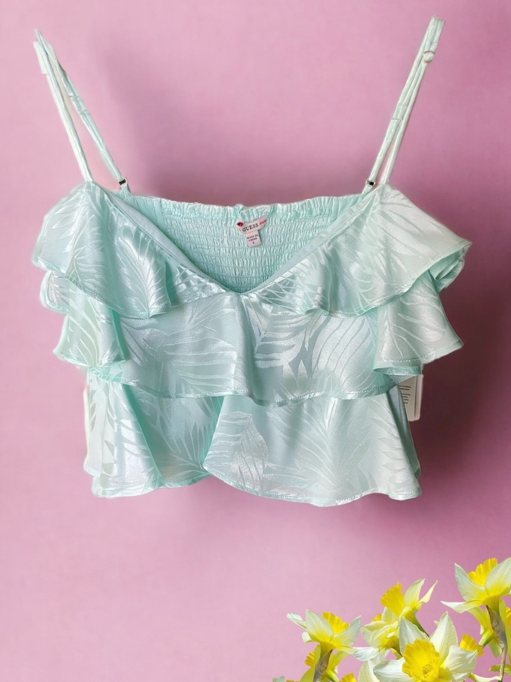 GUESS Jennifer Lopez Desta Ice Mint Ruffle Crop Top NWT